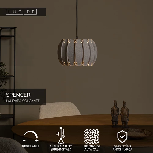 Lucide SPENCER - Lámpara colgante - Ø 30 cm - 1xE27 - Gris - USP